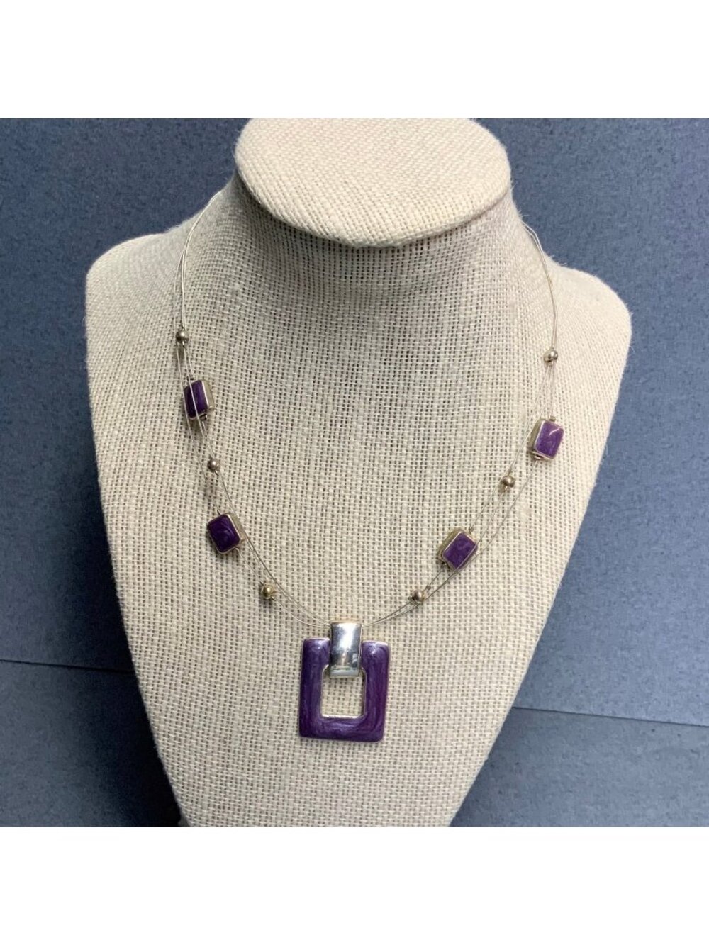 Rectangle Pendant Beaded Necklace 14 In Purple Enamel Silver Wire Floating Retro